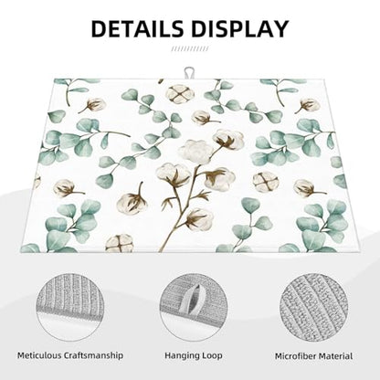 Green Plants Dish Drying Mat for Kitchen Counter Spring Summer Leaves Cotton Plant Microfiber Absorbent Dish Draining Reusable Washable Foldable Extra Large 18"x24" - color: Eucalyptus Leaves Cotton Plant
