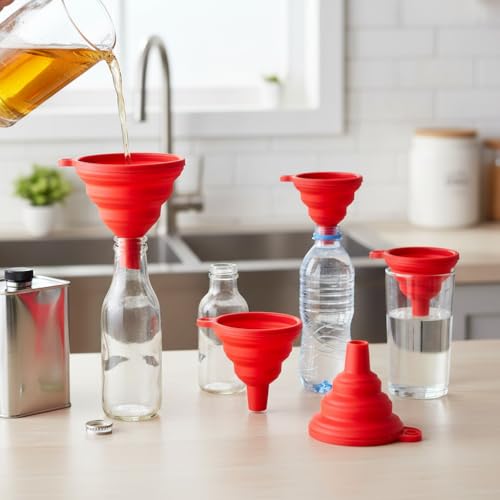4 Pack Silicone Collapsible Kitchen Funnel for Water Beer Oil Filling Bottles ，Foldable Silicone Funnel Set – Collapsible Small & Large Funnels, Water Bottles & Liquid Transfer – Food Grade（red） - color: red