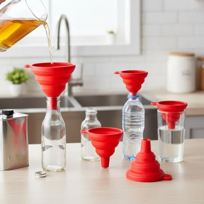 4 Pack Silicone Collapsible Kitchen Funnel for Water Beer Oil Filling Bottles ，Foldable Silicone Funnel Set – Collapsible Small & Large Funnels, Water Bottles & Liquid Transfer – Food Grade（red） - color: red