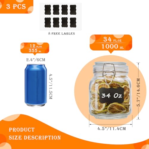 34oz Square Glass Food Storage Jars with Airtight Clamp Lids, 3 Pack Large Kitchen Canisters for Flour, Cereal, Coffee, Pasta and Canning, Mason Jar (Clear 34oz Square - 3 sets) - color: Clear 34oz Square - 3 sets