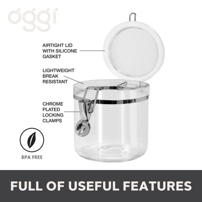 Oggi Clear Canister with Clamp Lid, 38 oz - Large Airtight Food Storage Container, for Kitchen & Pantry Storage of Bulk, Dry Foods Including Pasta, Flour, Sugar, Coffee, Rice, Tea, Spices & Herbs
