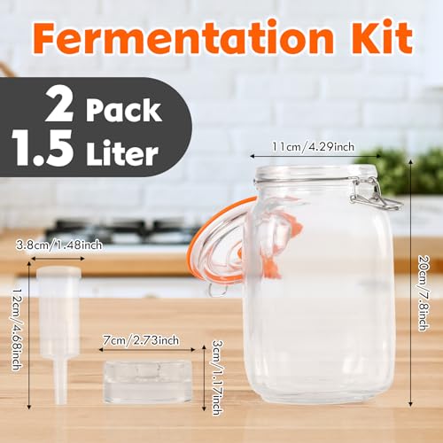 1.5 Liter Fermentation Jars with Airlocks & Lids, Glass Fermenting Kit with 2 Wooden Sticks, Fermentation Kit for Pickles, Mead, Cider and More, 2 Pcs