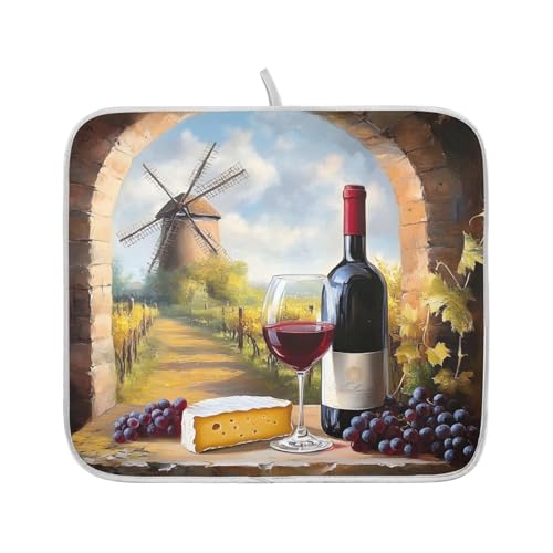 Red Wine Glasses with Grape Cheese Farmhouse Dish Drying Mats for Kitchen Counter Absorbent Microfiber Dish Drying Matt 16 x 18 Inch Draining Reusable Rack Pad