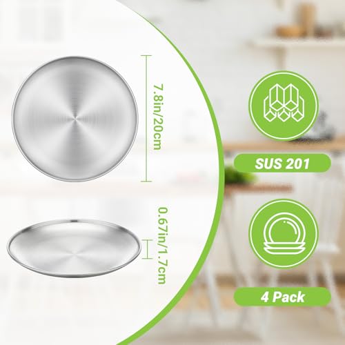 4 Stainless Steel Plates, 7.8 inch Small 201 Metal Camping Plate, Reusable Food Serving Dishes Snack Eating Round Shatterproof Brushed Finish Silver Dish for Dinner Oven Dishwasher Safe - size: 7.8"