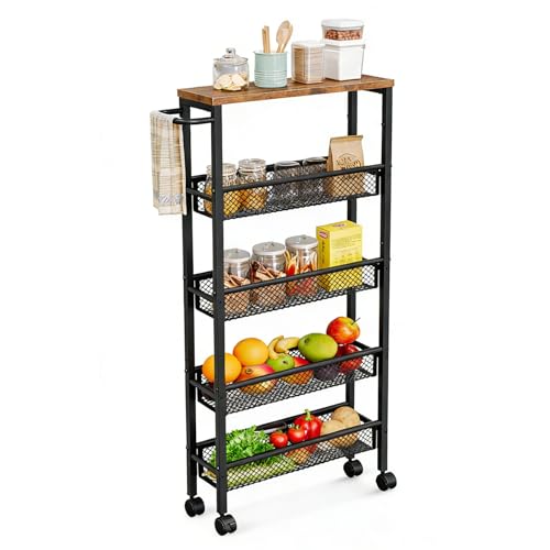 AZERPIAN Slim Rolling Cart 5 Tier Narrow Storage Cart on Wheels with MDF Board Top and Metal Handle for Small Space Kitchen Living Room Home Office Pantry Bathroom Laundry (16.38 x 5.12 x 39.17 inch) - size: 16.38 x 5.12 x 39.17 inch