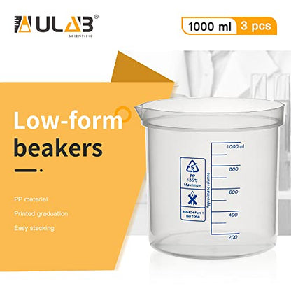ULAB Scientific Stackable Graduated Plastic Beakers, 3pcs of 1000ml(33.8oz), with Easy-to-Read Printings in Blue, UBP1016 - style: 3pcs of Vol.1000ml with blue printings