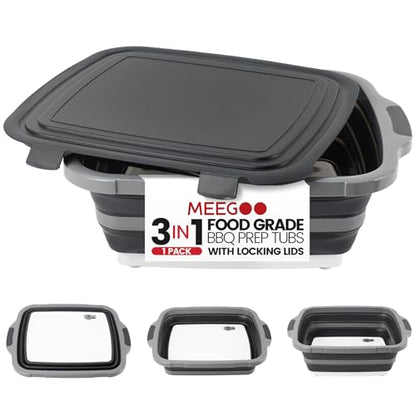 BBQ Prep Tub 3-IN-1 Large 16L Collapsible Cutting Board with Locking Lid for Meal Prep Marinating Food, Camping Sink with Colander, Dish Basin, Storage Blanket for Camping Picnic BBQ, Black - color: Black 16L