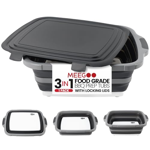 BBQ Prep Tub 3-IN-1 Large 16L Collapsible Cutting Board with Locking Lid for Meal Prep Marinating Food, Camping Sink with Colander, Dish Basin, Storage Blanket for Camping Picnic BBQ, Black - color: Black 16L