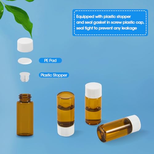 25PCS 10ml Amber Glass Vials with White Screw Caps and Plastic Stoppers, Leak-Proof Small Liquid Sample Bottles for Essential Oils, Perfumes, Reagents - color: AMBER, size: 10ml