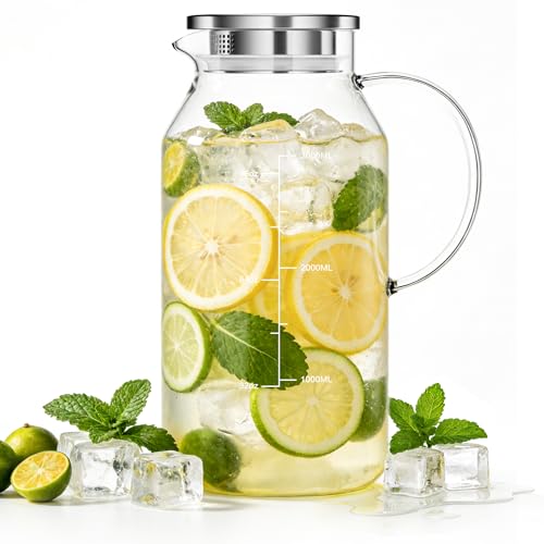 Aofmee Glass Pitcher with Lid and Handle, Glass Water Pitcher with Lid, Iced Tea Pitcher, Borosilicate Jugs Carafe for Cold or Hot Beverages, Juice, Milk, Homemade Beverage, Coffee，3.8L Cylinder - color: Clear, Cylinder, size: 128 Ounces