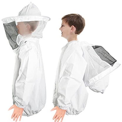 Luwint Kids Beekeeping Jacket and Gloves, Ventilated Veil Bee Suit for Kids Protective Pull Over Beekeeper Jacket with Goatskin Beekeeping Gloves for Kids (3'8''-4'4'' Height) - style: 3'8''-4'4'' Height/White