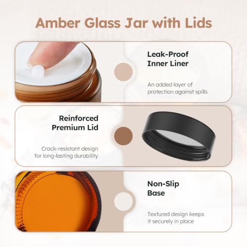 2 oz Glass Jars with Lids, 60 Pack Amber Small Glass Jars with Black Lids Leakproof Round Airtight Empty Cosmetic Travel Containers with Inner Liners For Lotions Powders and Candle Making - color: Amber-Black Lids, size: 2 Ounces