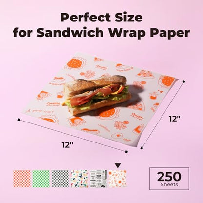 Fit Meal Prep [250 Sheets] 12x12" Deli Paper Sheets, Orange Dry Waxed Paper, Waterproof Sandwich Wrapping, Grease-Proof Wax Paper for Food Basket, Picnic, Barbecue, Restaurants, Burgers, Fries - color: Orange-Patterned