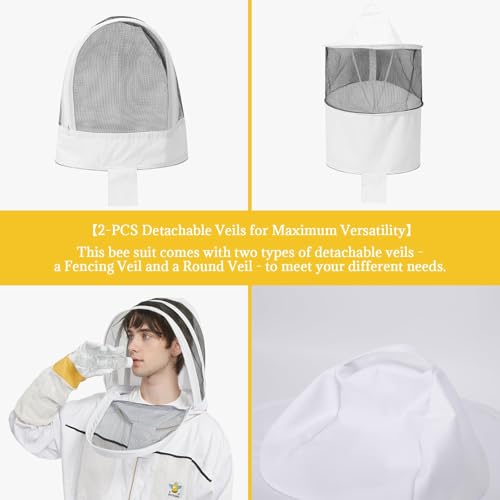 3-Layer Bee Suit, with Gloves & 2 Veils | Professional Sting Proof Ultra Breathable Beekeeper Suit, Unisex, Goatskin Beekeeping Gloves for Wasp, Apiary & Backyard - size: S-4'11" – 5'3"