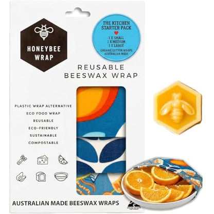 Honeybee Beeswax Wraps - Kitchen Starter Pack with Wax Replenish Block - Certified Organic Cotton Beeswax Wrap - Reusable Beeswax Food Wrap - 3 Pack - Small, Medium & Large - color: 3 Pack + Wax Replenish Block