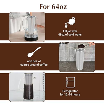 3 Pack Cold Brew Coffee Filter for 64oz Wide Mouth Mason Jar, 304 Stainless Steel Filter Ultra Fine Mesh Strainer, Reusable for Iced Coffee, Tea, Fruit Drinks