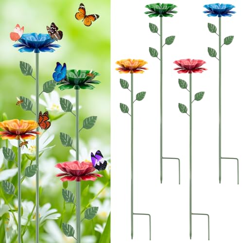 4 Pack Bee Watering Station, Bee Feeder for Garden Metal Butterfly Water Feeder with Flower Design Colorful Butterfly Bee Bath Bowl for Outdoor Yard Garden Decor - size: 4 Pack