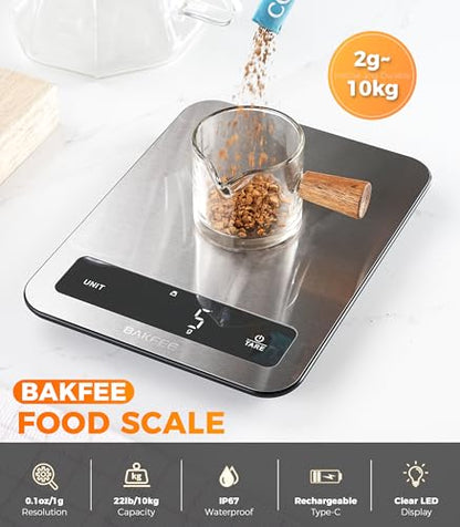 100% Waterproof Food Scale, IP67 Digital Kitchen Scale, Rechargeable (USB-C), 0.1oz/1g Precision, 22lb Capacity, Stainless Steel & Tempered Glass, for Cooking, Making Sourdough Bread, Grey - color: Grey