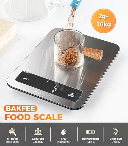 Waterproof Kitchen Food Scale, 1g/22lb, IP67, Rechargeable, Grey | Premium Stainless Steel & Tempered Glass, Clear LED Display, with 6 Units, Tare, Ideal for Cooking, Making Sourdough Bread - color: Grey