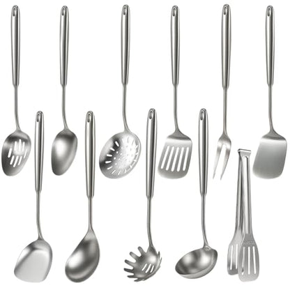 Newness 11 Pcs Cooking Utensils Set, 304 Stainless Steel Kitchen Utensils Set, Metal Kitchen Accessories, Include Soup Ladle, Slotted Skimmer Spoon, Spaghetti Spoon and Spatula, Dishwasher Safe - size: 11 PCS Cooking Utensils Set