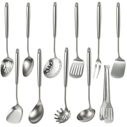Newness 11 Pcs Cooking Utensils Set, 304 Stainless Steel Kitchen Utensils Set, Metal Kitchen Accessories, Include Soup Ladle, Slotted Skimmer Spoon, Spaghetti Spoon and Spatula, Dishwasher Safe - size: 11 PCS Cooking Utensils Set