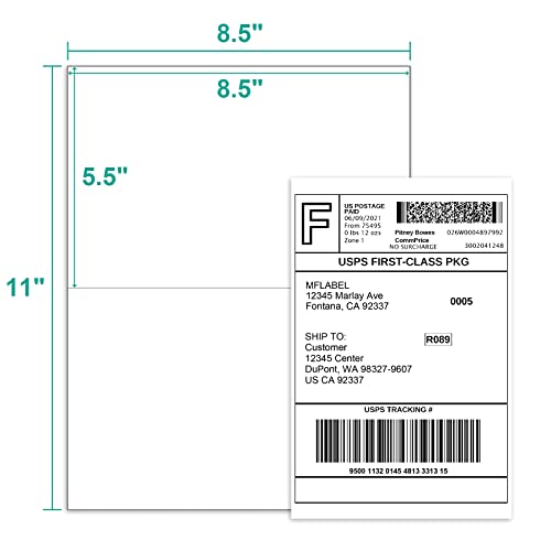 MFLABEL Half Sheet Shipping Labels - 100 Self Adhesive Sticker Sheets for Laser & Inkjet Printers, Waterproof & Smudge-Free, with 12 Free Fragile Labels for Packaging, Shipping and Crafting - size: 8.5" x 5.5" (2-up), style: 50 Sheets