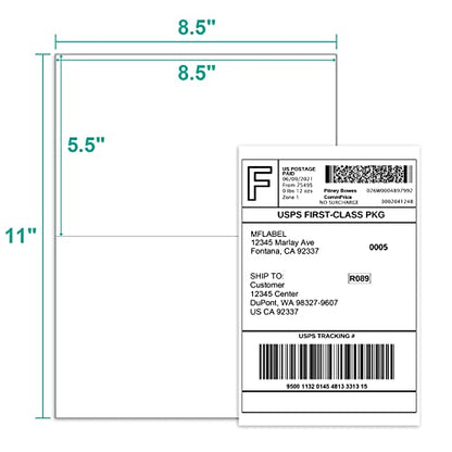 MFLABEL Half Sheet Shipping Labels - 100 Self Adhesive Sticker Sheets for Laser & Inkjet Printers, Waterproof & Smudge-Free, with 12 Free Fragile Labels for Packaging, Shipping and Crafting - size: 8.5" x 5.5" (2-up), style: 50 Sheets