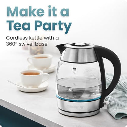 Chefman Electric Kettle 1500W, 1.8L Hot Water Boiler, Removable Lid for Easy Cleaning, LED Indicators, Auto Shutoff & Boil-Dry Protection, Borosilicate Glass Electric Tea Kettle – Stainless Steel - color: Stainless Steel