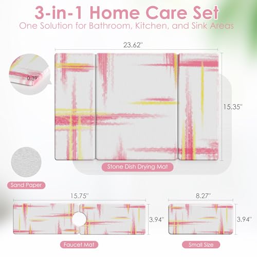 3 PCS Large Stone Dish Drying Mat for Kitchen Counter -24"x16" Absorbent Diatomaceous Earth Mat with Stone Faucet Mat & Soap Tray - Quick Dry, Collapsible, Non-Slip Countertop Organizer - color: pink gold texture