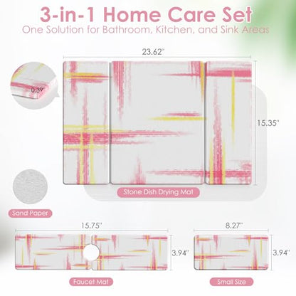 3 PCS Large Stone Dish Drying Mat for Kitchen Counter -24"x16" Absorbent Diatomaceous Earth Mat with Stone Faucet Mat & Soap Tray - Quick Dry, Collapsible, Non-Slip Countertop Organizer - color: pink gold texture