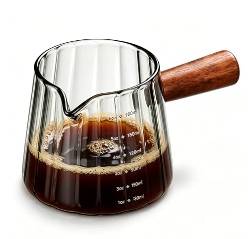 6 oz Espresso Cups - Glass Measuring Cups with Spout - Ribbed Small Creamer Pitcher- Expresso Shots Cup with Wood Handle for Coffee Milk, Dishwasher Safe (Grey, 1 pack) - color: Gray, size: 1 pack