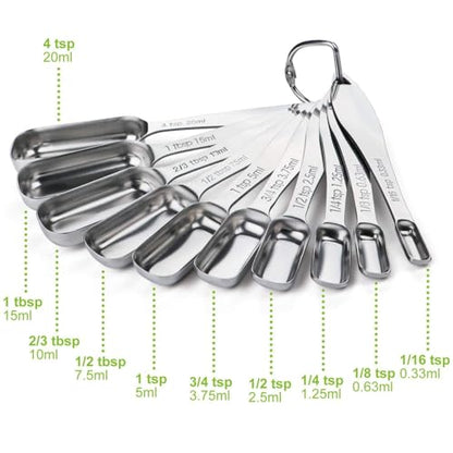 FANGSUN Narrow Measuring Spoons Set of 10, Heavy-Duty Stainless Steel Measuring Spoons with Long Handles & Engraved Measurements, Fits in Spice Jars, for Baking & Cooking - style: Spoons - Set of 10