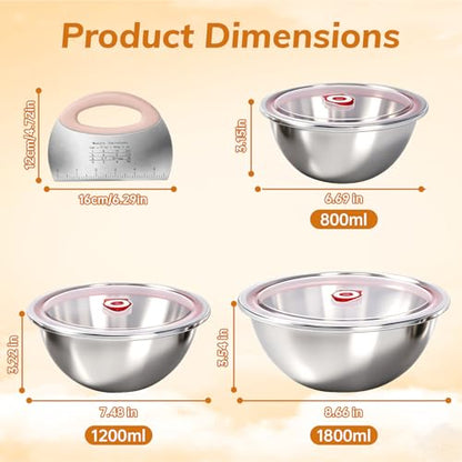 3 Pack Pizza Dough Proofing Box Includes Cutter, 800ML+1200ML+1800ML Stainless Steel Food Storage Container with Lid, Household Pizza Dough Bowl for Bread & Dough Balls - size: 1800ML