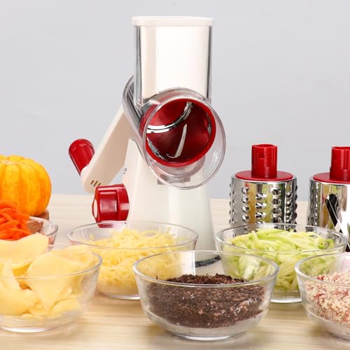 Cambom Rotary Cheese Grater Hand Crank Cheese Shredder for Fresh Cheese, Vegetable, Nuts,Non-slip Suction Base, Free Cleaning Brush Three Blades,Red White - color: Red+White, size: 3 BLADES