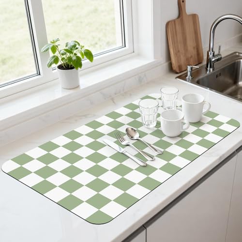17" x 32" Checkered Dish Drying Mat for Kitchen Counter, Absorbent Coffee Bar Mat for Espresso Machine Coffee Countertops Accessories, Sage - color: Sage, size: 17" x 32"
