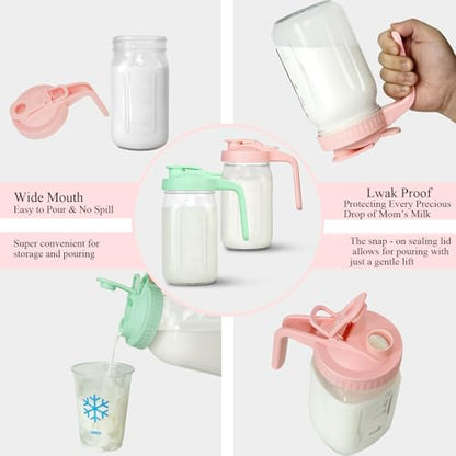 Mason Jar Pitcher, 32 oz Glass Milk Pitcher, Wide Mouth & Leakproof Glass Pitcher with Lid for milk, Sun Tea, Juice, Cold Brew Coffee and Drinks - color: Pink