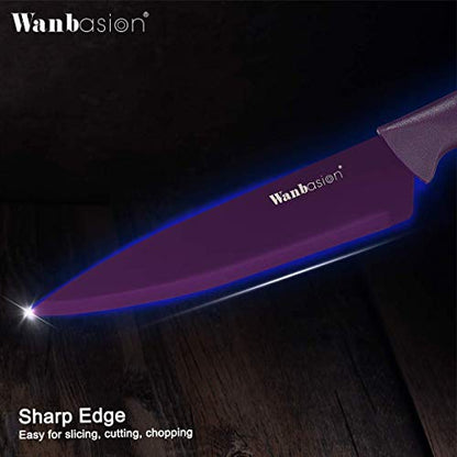 Wanbasion Purple Stainless Steel Knife Set, Sharp Kitchen Knife Set Professional, Kitchen Knife Set Dishwasher Safe with Covers for Cooking - color: Purple