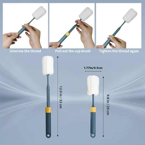 2-Pack Adjustable 12.9" Sponge Bottle Brushes Cleaning Set | High Density Foam Bottle Brush Head Hanging Design with 4 Traceless Hooks Bottle Brush Cleaner for Water Bottle