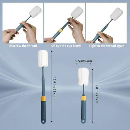 2-Pack Adjustable 12.9" Sponge Bottle Brushes Cleaning Set | High Density Foam Bottle Brush Head Hanging Design with 4 Traceless Hooks Bottle Brush Cleaner for Water Bottle