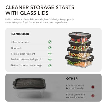 GENICOOK Glass Meal Prep Containers with Glass Lids, 4 Pack Airtight Glass Food Storage Containers, Borosilicate Glass Lunch Containers for Healthy Meal Prep, Microwave Oven Dishwasher Safe, BPA Free - color: black