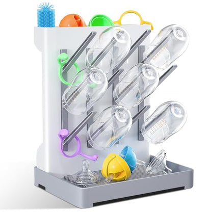 Baby Bottle Drying Rack: Vertical Space Saving Large Bottles Holder - Standing Boon Dryer Rack Baby Accessory - Countertop Holds Up to 12 Bottles & Pump Part Cleaning & Cup (Blue) (Gray) - color: Gray