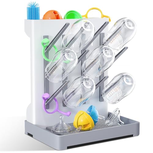 Baby Bottle Drying Rack: Vertical Space Saving Large Bottles Holder - Standing Boon Dryer Rack Baby Accessory - Countertop Holds Up to 12 Bottles & Pump Part Cleaning & Cup (Blue) (Gray) - color: Gray