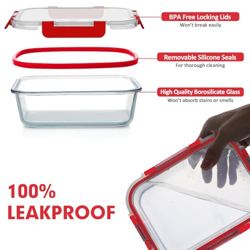 VERONES 30 Pieces Glass Meal Prep Containers Set, Stackable Glass Food Storage Containers with Lids-Airtight Lunch Containers，for Microwave, Oven, Freezer & Dishwasher,Red - color: Red-30