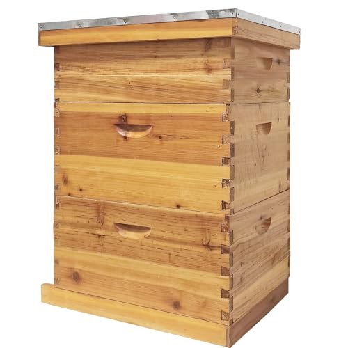 3-Layer Langstroth Bee Hive Beginner-Friendly Beehive Starter Kit, 3 Boxes Included (2 Deep + 1 Medium) with Beeswax Coated, Easy Assembly for Easy Beekeeping Start