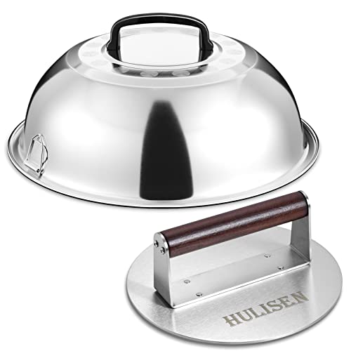 HULISEN Heavy-Duty Burger Press & Melting Dome Set, 8.5 Inch Round Stainless Steel Bacon Press with Wooden Handle, 12 Inch Basting Cover, Griddle Accessories Kit for Flat Top Grill Indoor/Outdoor - size: 8.5 Inch Round Press + Melting Dome