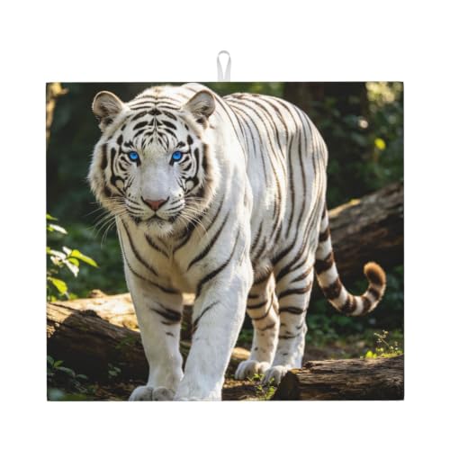 White Tiger Dish Drying Mat for Kitchen Counter, Absorbent Microfiber Drainer Mats, Non-slip Kitchen Draining Mat for Coffee Machine Dish Rack Pad 18"x16" Dish Drainer Pad - color: White Tiger