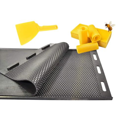 Silicone Beeswax Foundation Press Mold with Honey Scraper, 5.4mm Honeycomb 2 Sheets Non-Stick Reusable for Beekeeping and Candle Making Supplies (Black) - color: Black