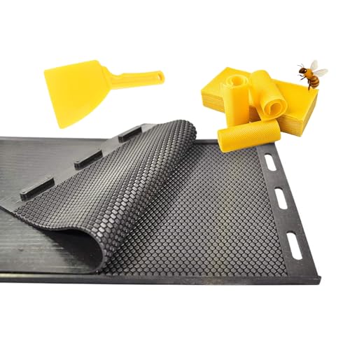 Silicone Beeswax Foundation Press Mold with Honey Scraper, 5.4mm Honeycomb 2 Sheets Non-Stick Reusable for Beekeeping and Candle Making Supplies (Black) - color: Black