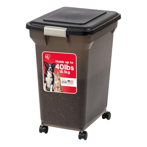 IRIS USA Airtight Dog Food Storage Container, WeatherPro, Up to 40 lbs, Removable Wheels, for Dog Cat Bird and Other Pet Food Storage Bin, Keep Fresh, Translucent Body, Made in USA, Smoke/Black - color: Smoke, size: 40 lbs