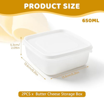 Cheese Storage Containers 2Pack, 650ml Airtight Cheese Holder | 650ml Each, 5.3 x 5.3 x 2 In, Fridge And Freezer Safe, Dishwasher Safe, For Cheese Butter Deli Meat